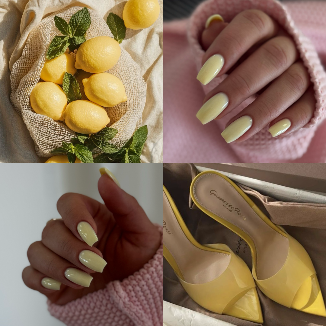 Yellow manicure on pink fabric from the original Vanilla colour story