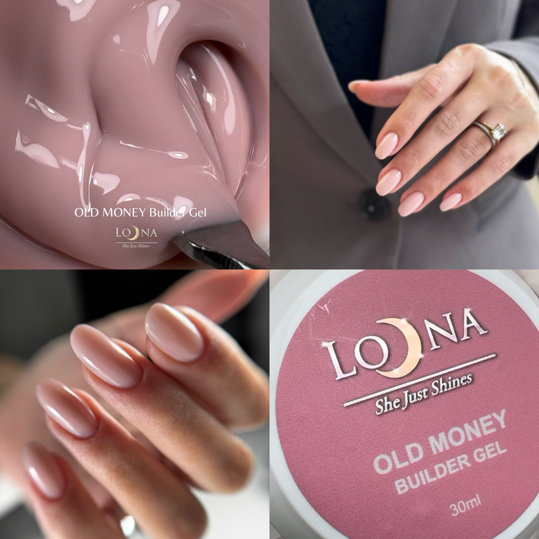 A close-up of the glossy nude Old Money manicure
