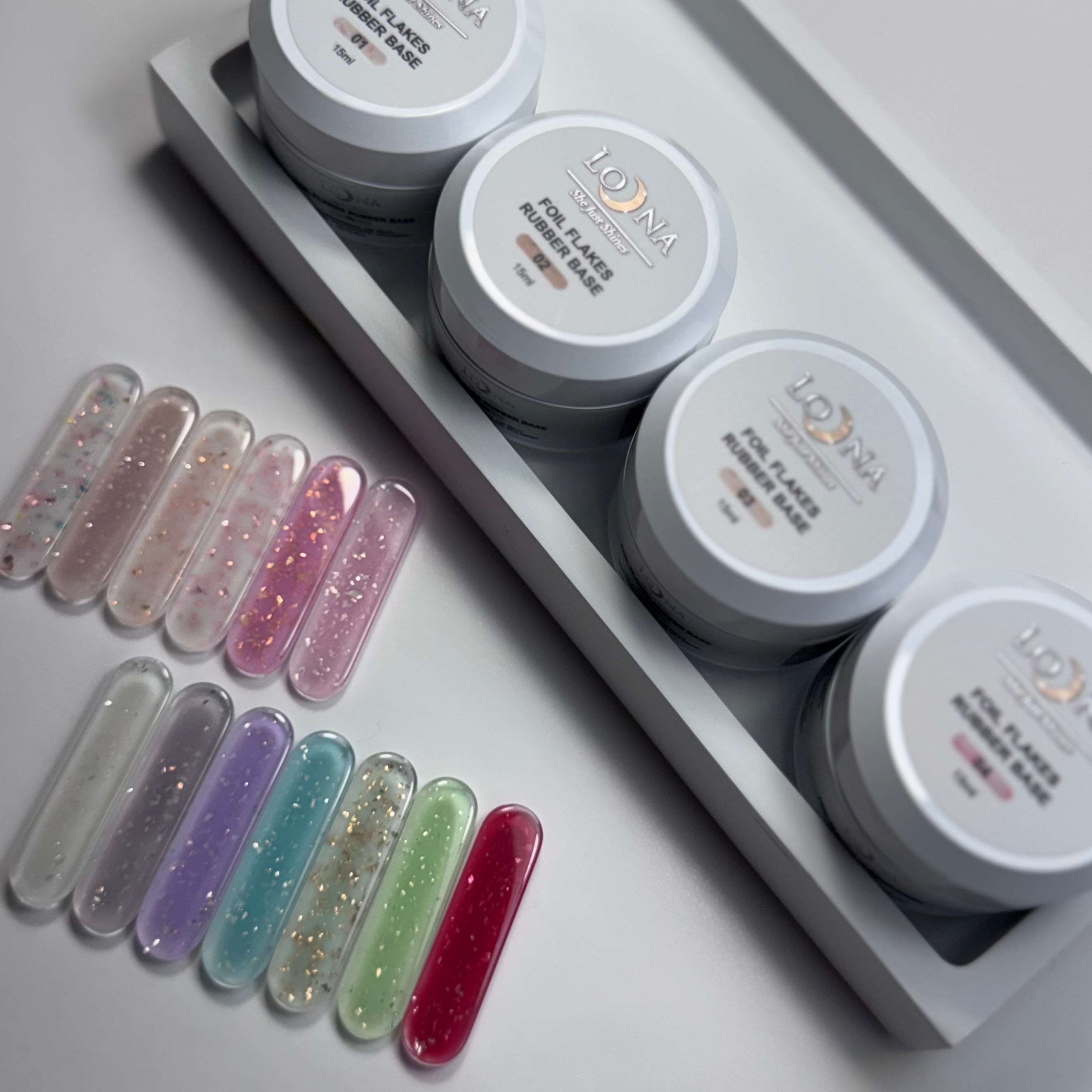 Original Foil Flakes Rubber Base jars and their colour swatches